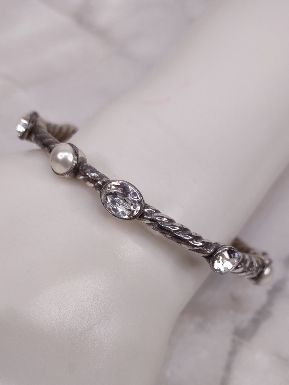 Brighton "Monte Carlo" Crystal & Pearl Hinged Bangle Bracelet